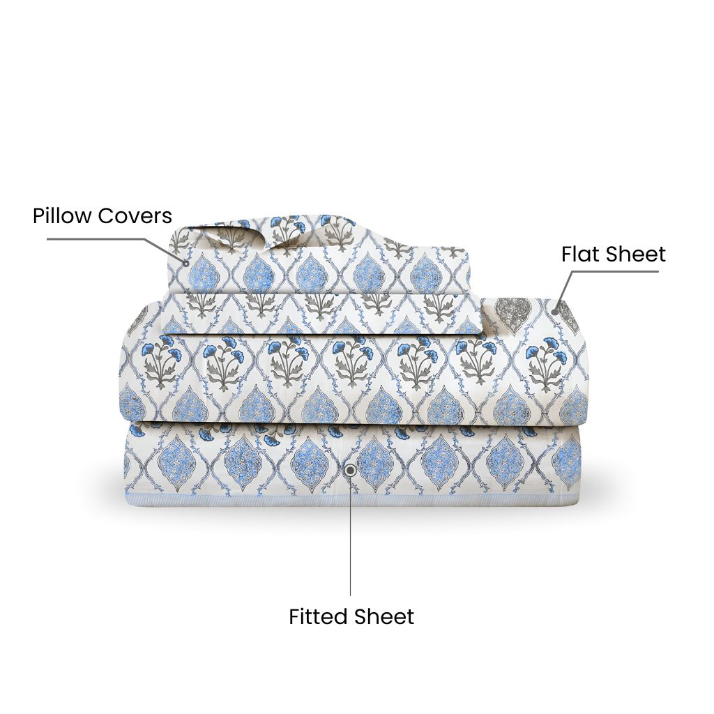 Ultra Luxe Bloom King Size Bedsheet Set  Blue & Grey | 400 TC Pure Cotton (Set of 4)
