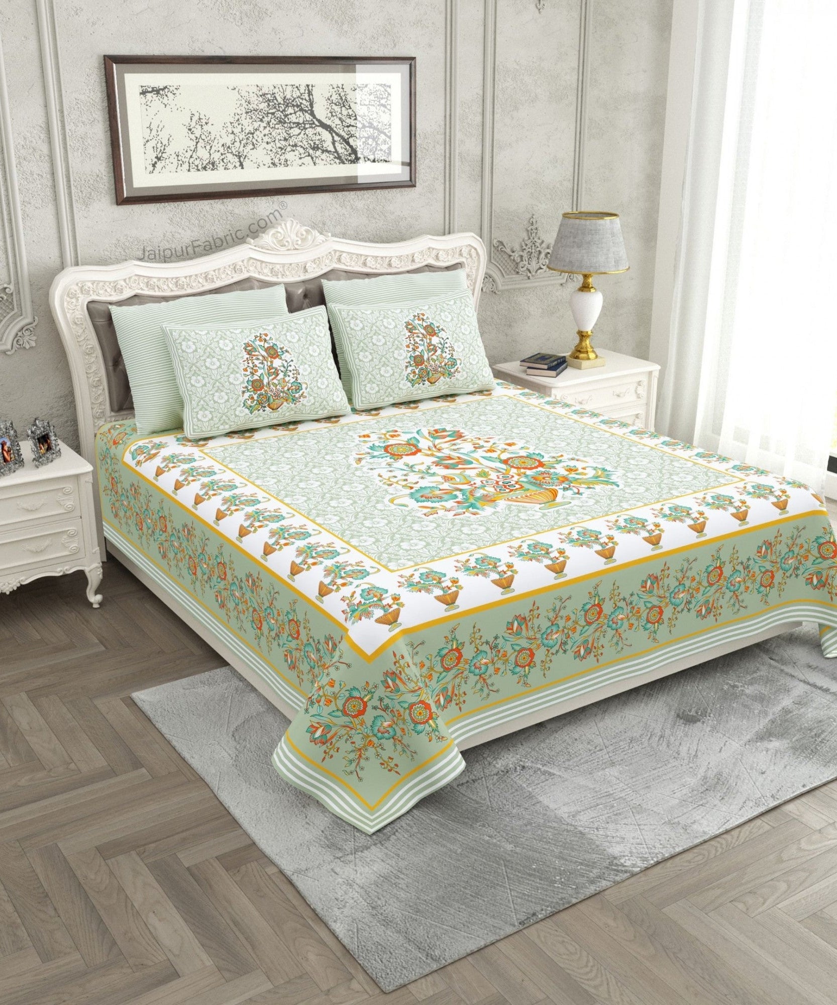 Jaipuri Gamla Garden Green Cotton King Size Bedsheet