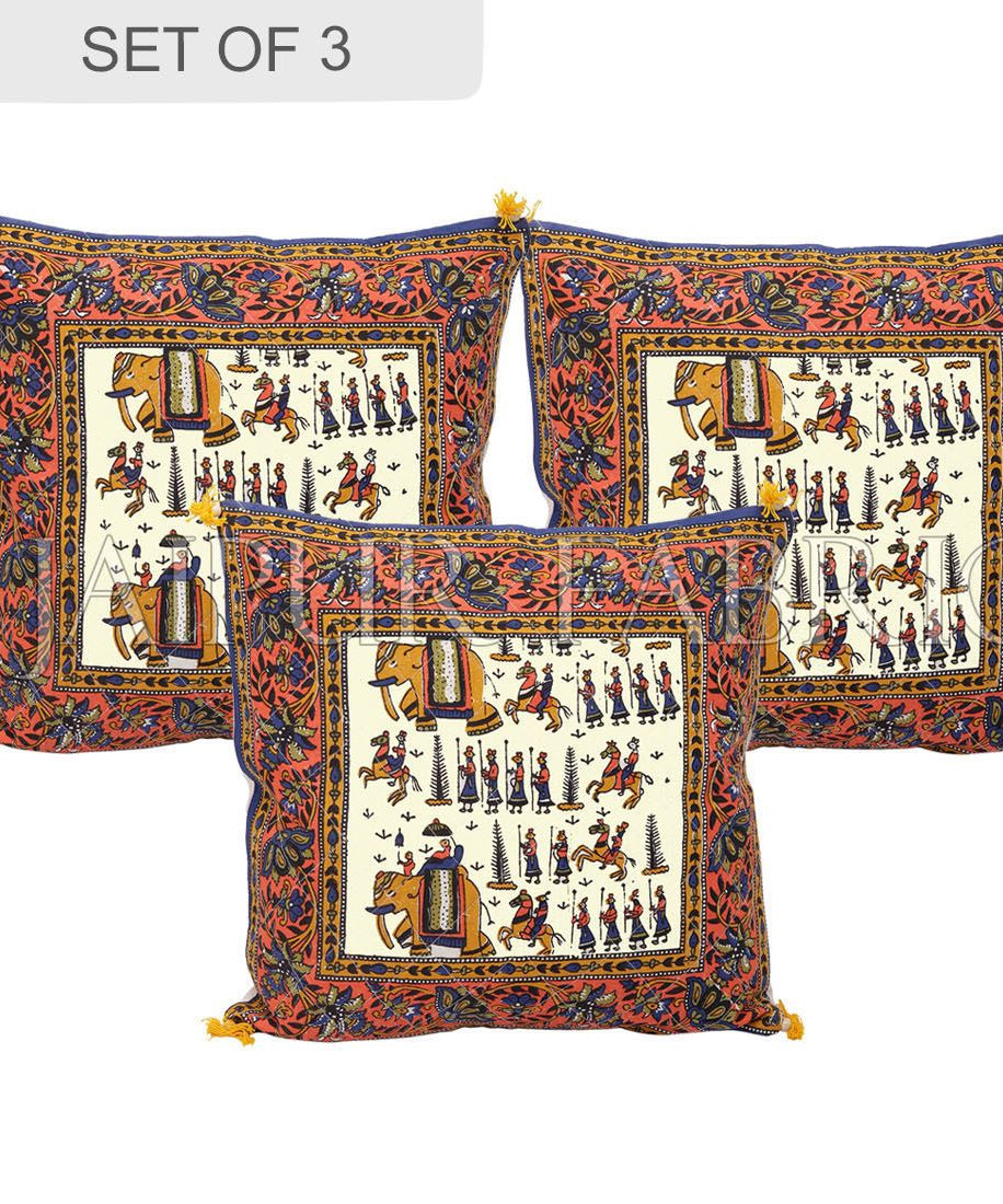 Cream Base Orange Border Rajasthani Barat Print Cotton Cushion cover