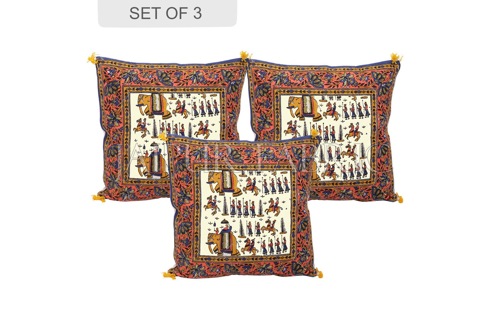 Cream Base Orange Border Rajasthani Barat Print Cotton Cushion cover