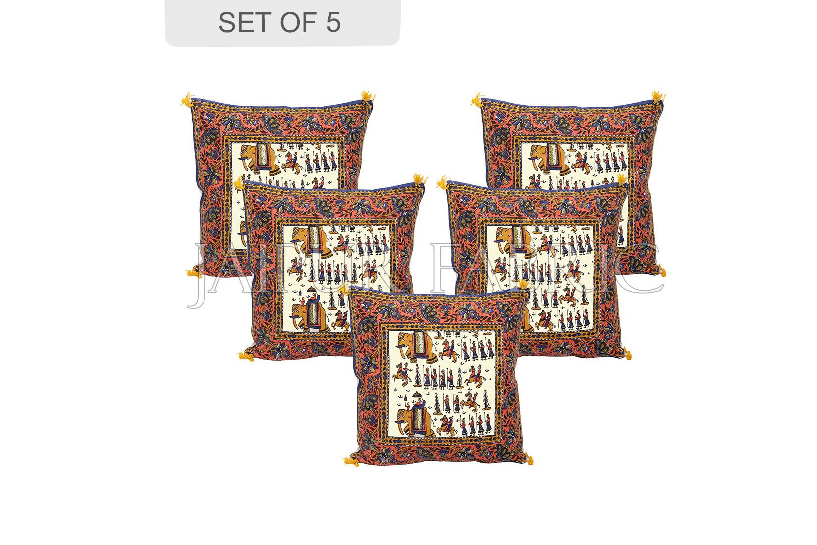 Cream Base Orange Border Rajasthani Barat Print Cotton Cushion cover