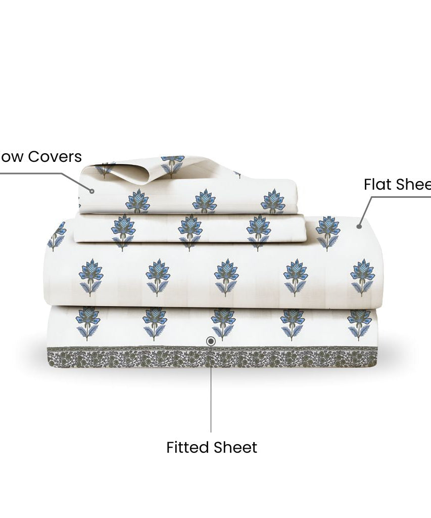 Premium Lotus Charm Bedsheet Set  Sky Blue & White | King Size, 400 TC Cotton (Set of 4)
