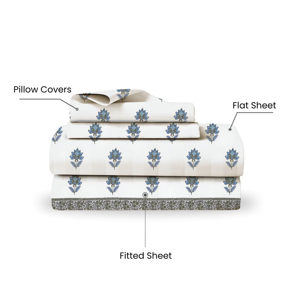 Premium Lotus Charm Bedsheet Set  Sky Blue & White | King Size, 400 TC Cotton (Set of 4)