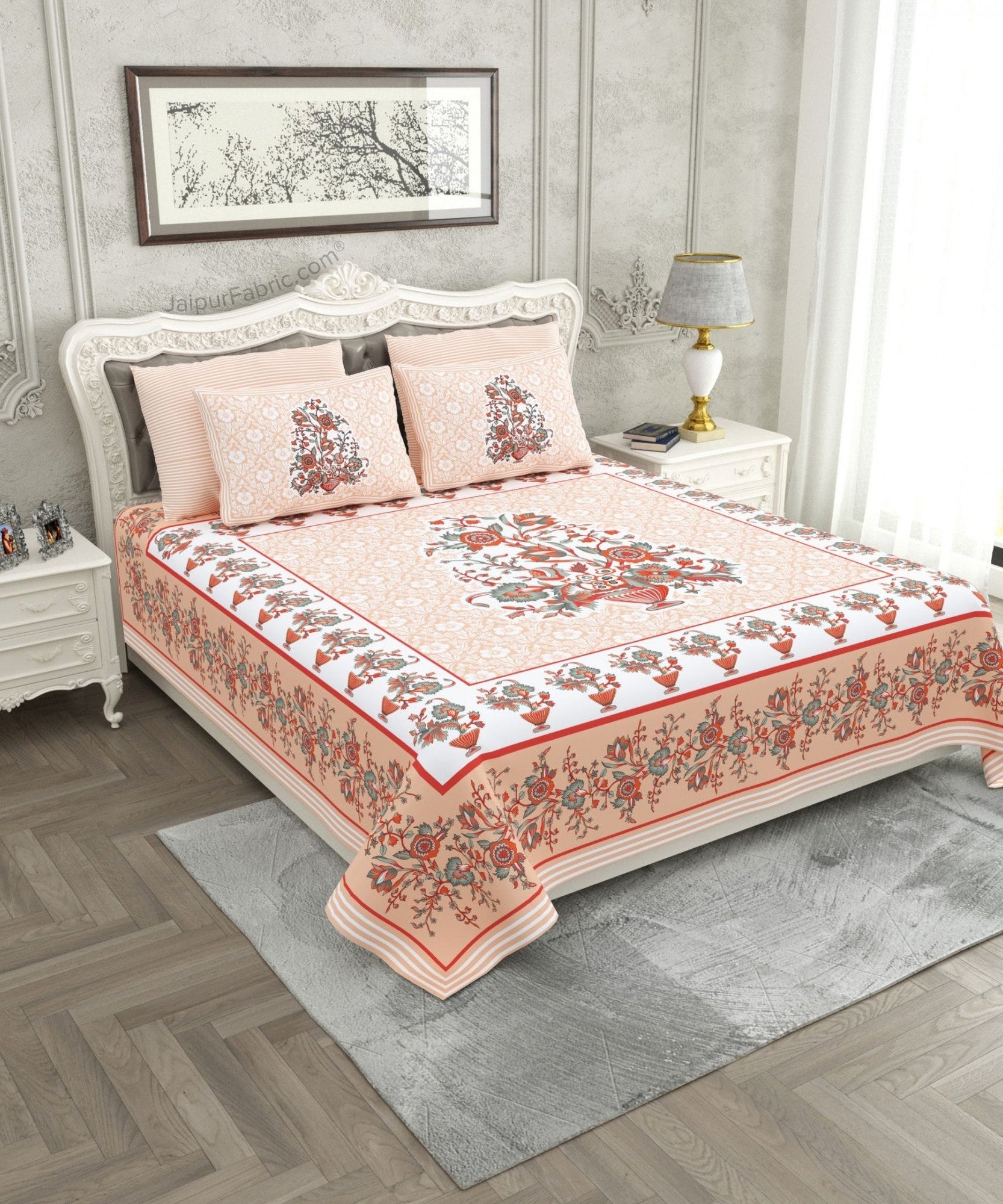 Jaipuri Gamla Soft Peach Cotton King Size Bedsheet