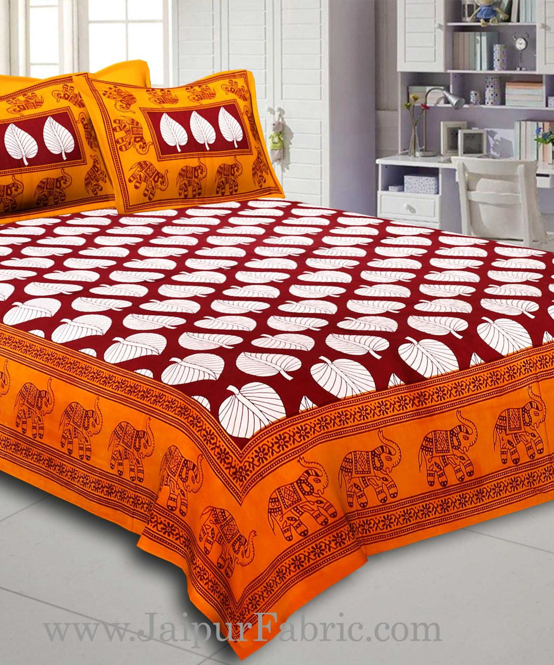 Yellow  Border With  Maroon  Paan Pattern Cotton Double Bed Sheet