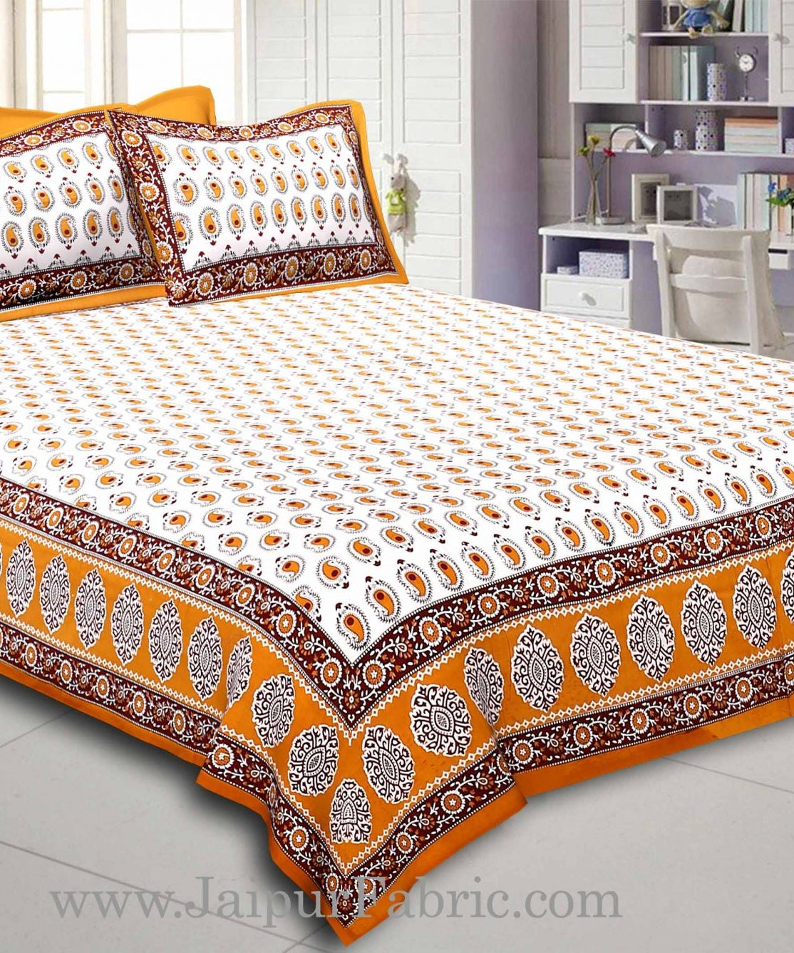 Brown Border With  Boota  White Base With Small Kerry Print Cotton Double Bed Sheet