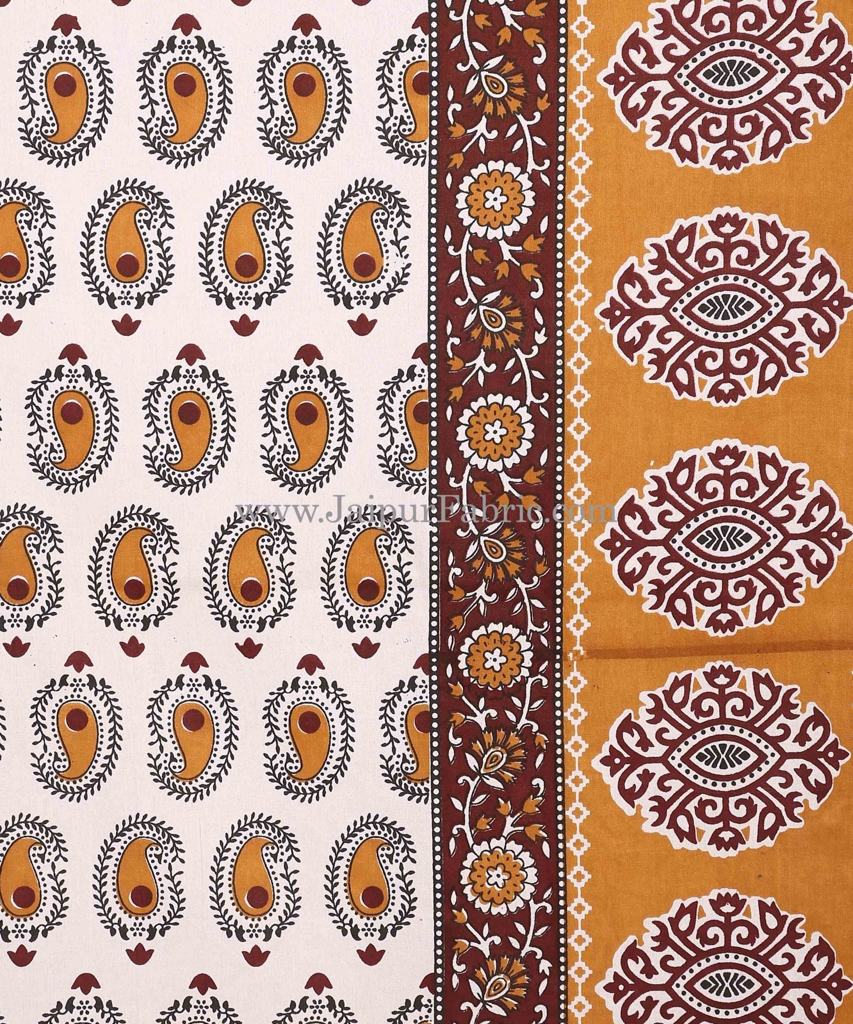 Brown Border With  Boota  White Base With Small Kerry Print Cotton Double Bed Sheet