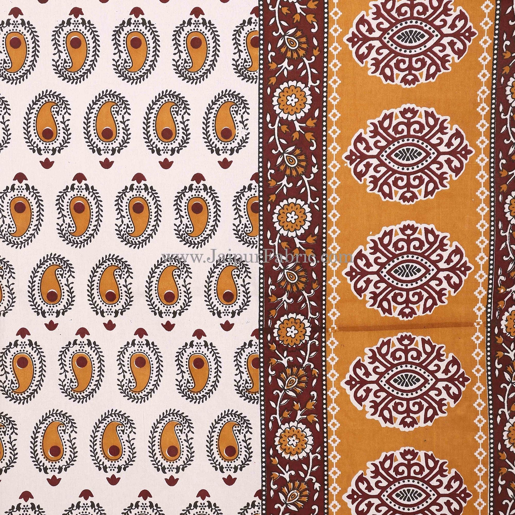 Brown Border With  Boota  White Base With Small Kerry Print Cotton Double Bed Sheet