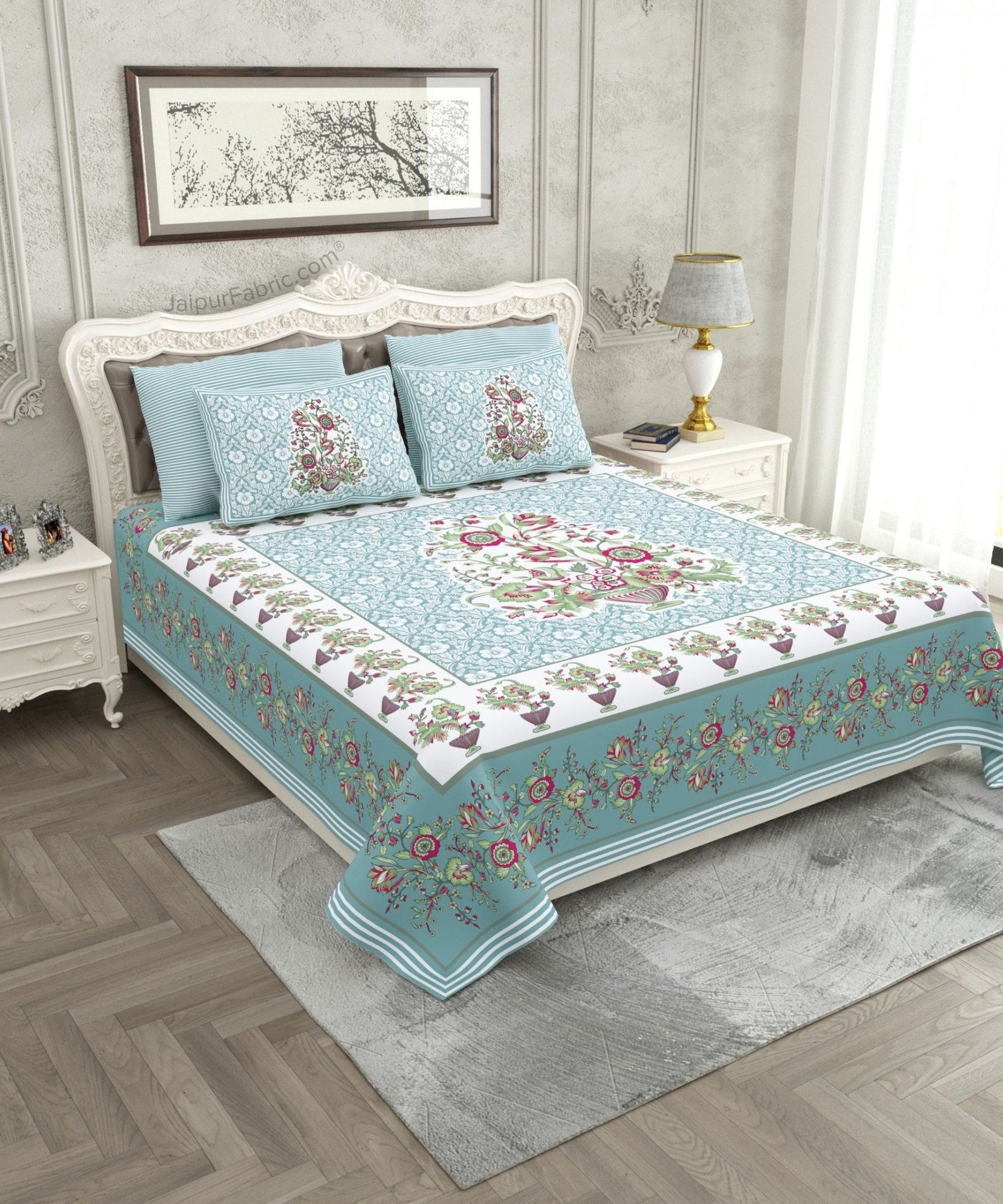 Jaipuri Gamla Blue Grey Cotton King Size Bedsheet