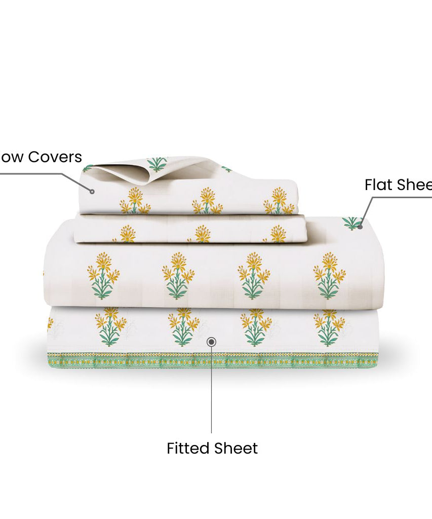 Ultra Soft Sunshine Bloom Bedsheet Set  Mint & Mustard | 400 TC Cotton, King Size (Set of 4)