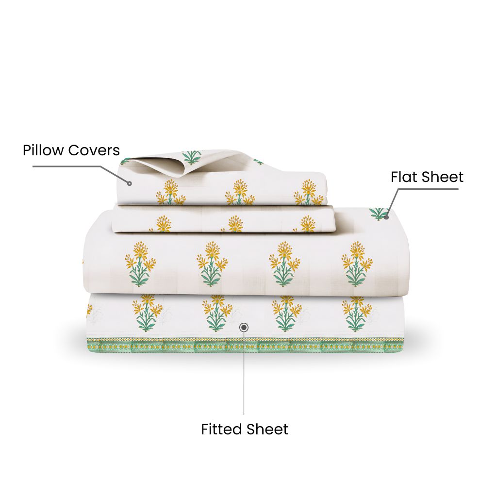 Ultra Soft Sunshine Bloom Bedsheet Set  Mint & Mustard | 400 TC Cotton, King Size (Set of 4)