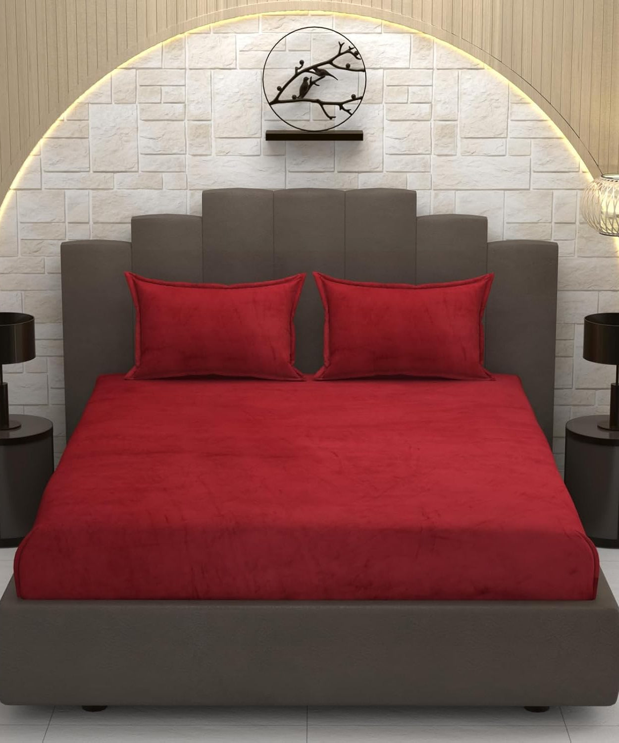 Wine Red Soft Velvet Finish Double Bedsheet with Matching Pillow Covers