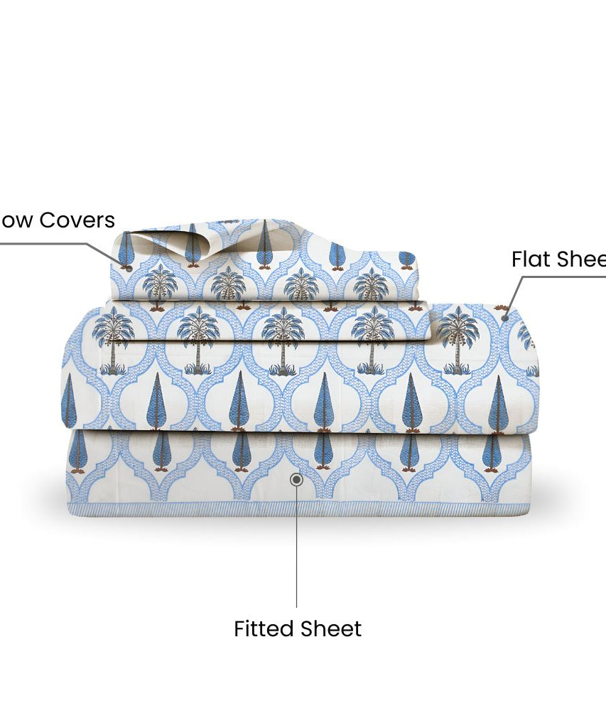 Elite Hawamahal Vista Bedsheet Set  Blue Palace Print | 400 TC Pure Cotton King Size (Set of 4)
