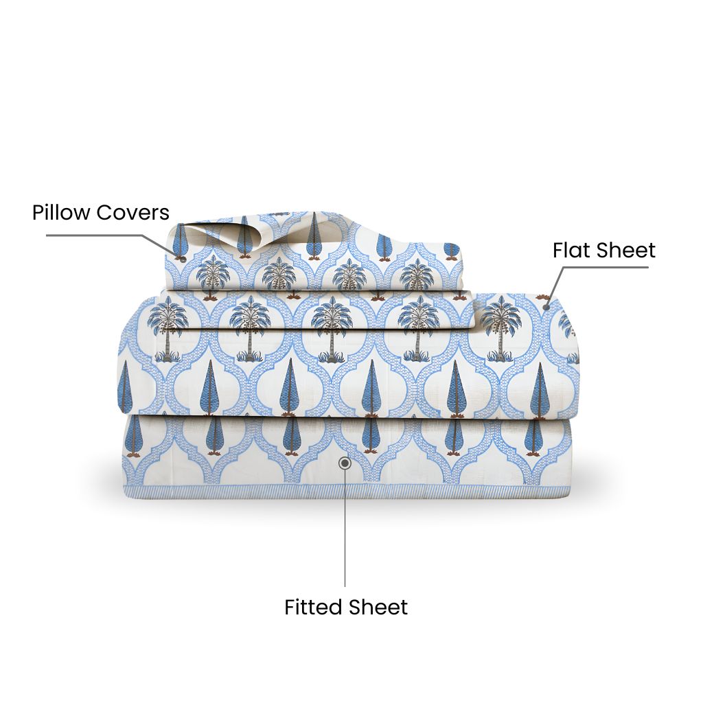 Elite Hawamahal Vista Bedsheet Set  Blue Palace Print | 400 TC Pure Cotton King Size (Set of 4)