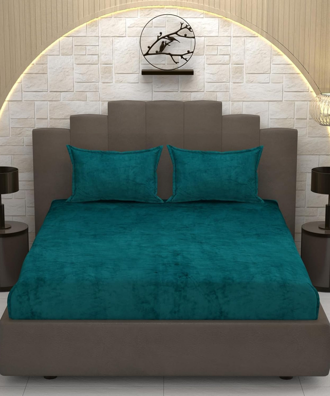 Elegant Teal Soft Velvet Finish Double Bedsheet with Matching Pillow Covers