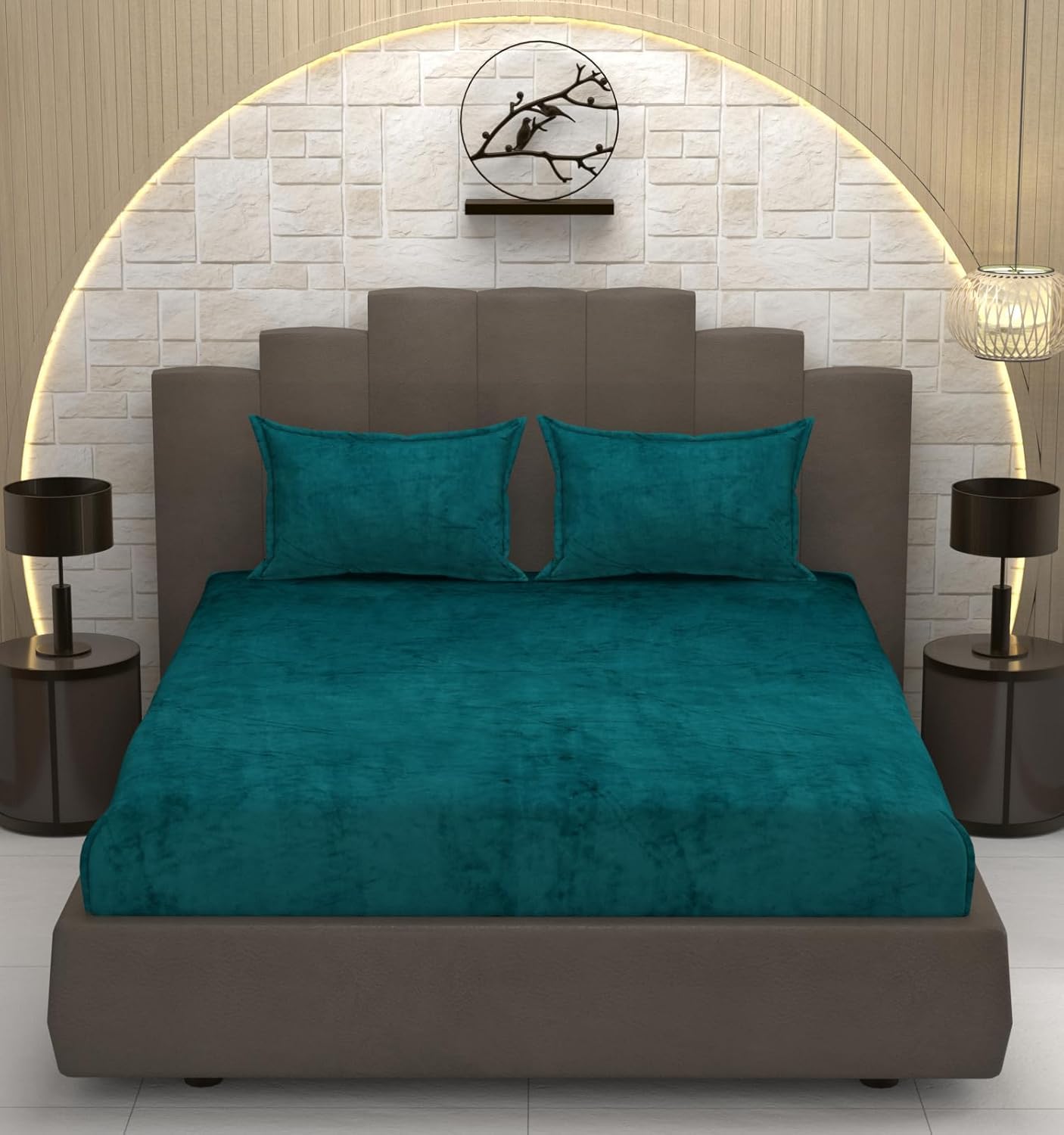 Elegant Teal Soft Velvet Finish Double Bedsheet with Matching Pillow Covers
