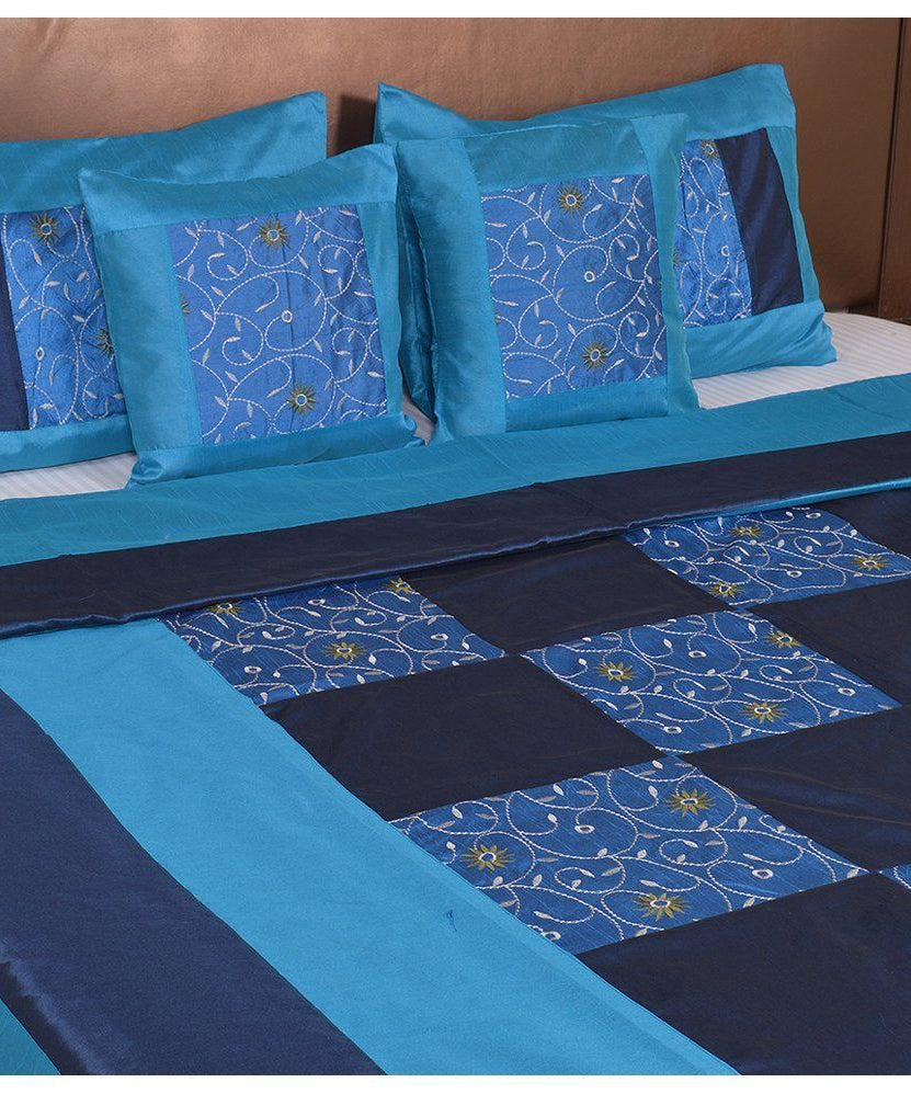 Blue And Firozi Color Check With Embroidery Silk festive Double Bed sheet