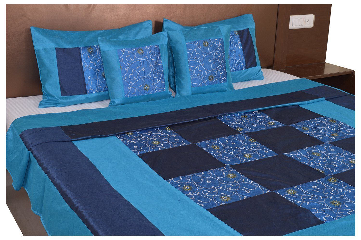 Blue And Firozi Color Check With Embroidery Silk festive Double Bed sheet
