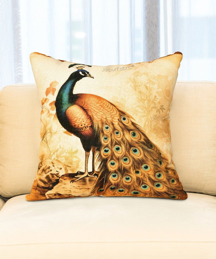 Ethnic Peacock Jute Digital Print Cushion Cover