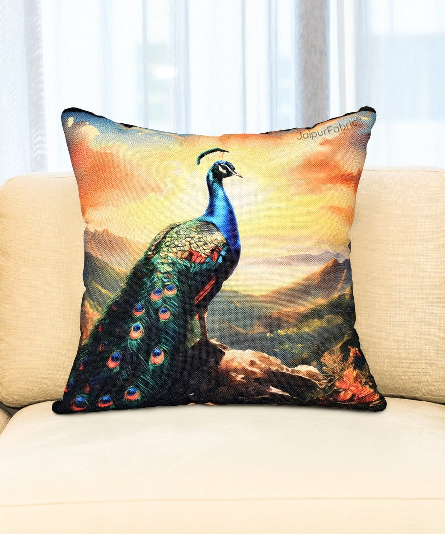 Splendor Glory Peacock Print Jute Cushion Cover