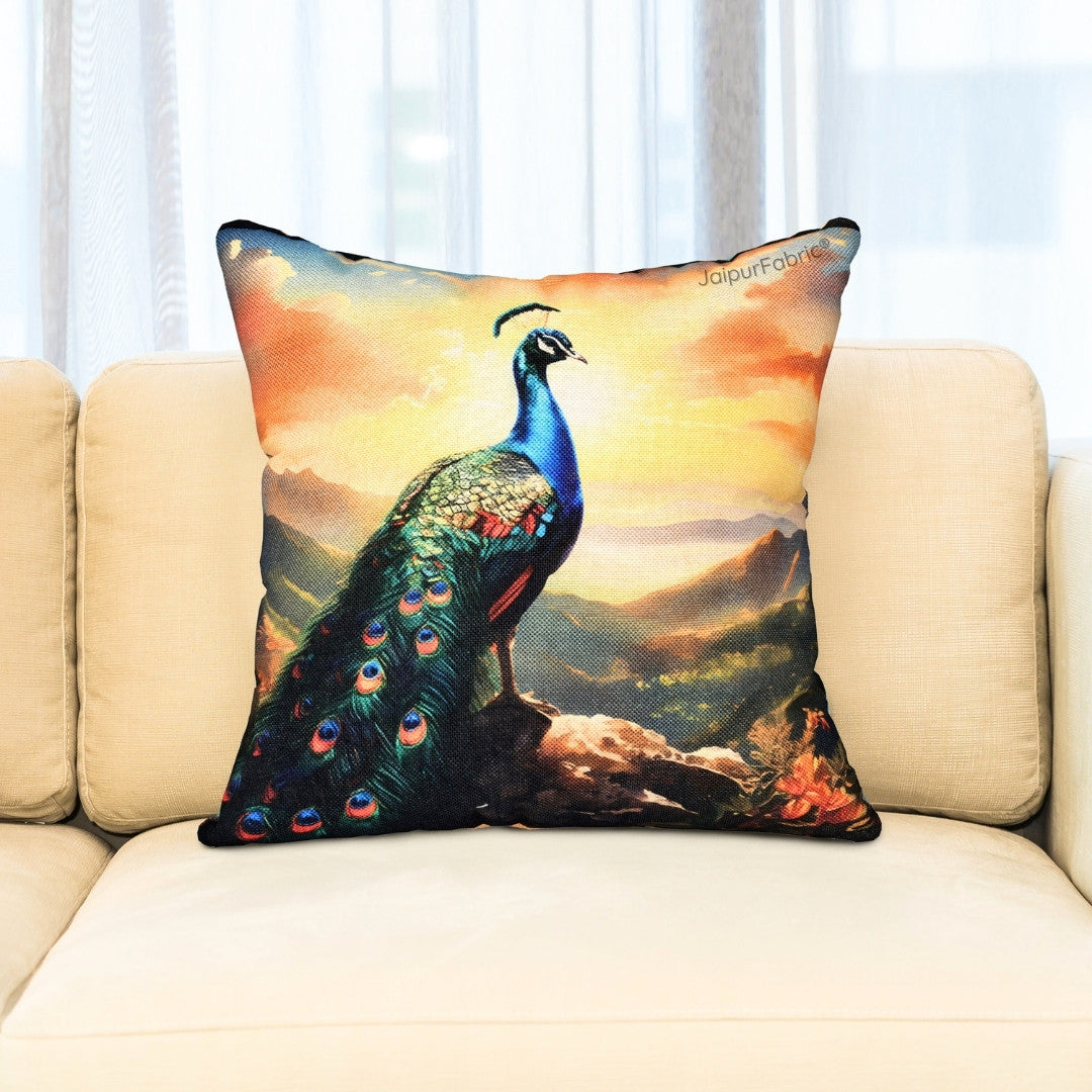 Splendor Glory Peacock Print Jute Cushion Cover