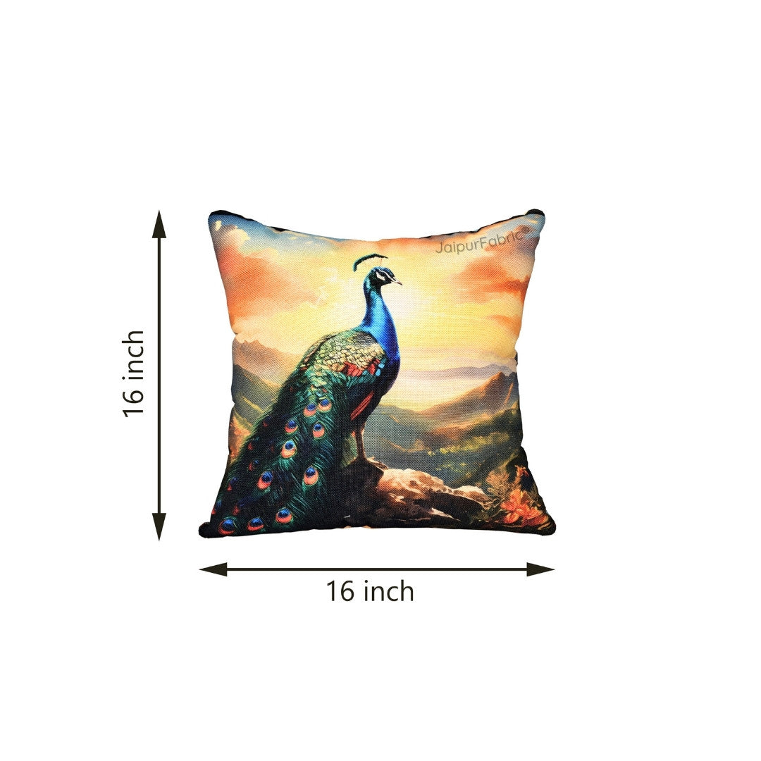 Splendor Glory Peacock Print Jute Cushion Cover