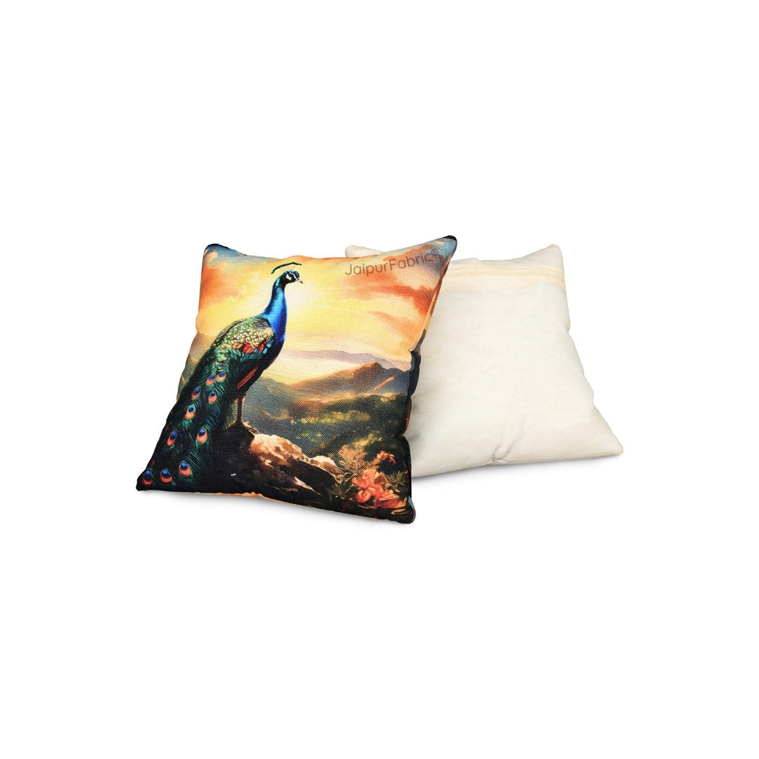 Splendor Glory Peacock Print Jute Cushion Cover