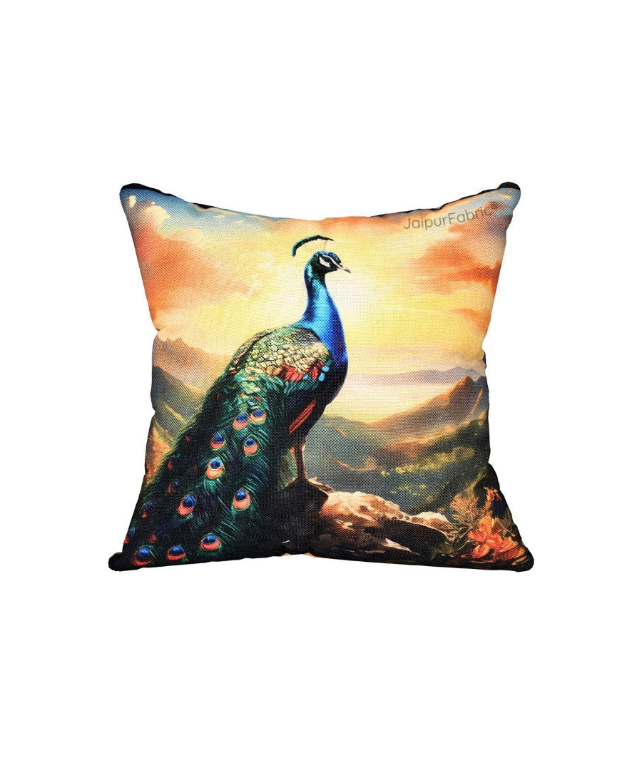 Splendor Glory Peacock Print Jute Cushion Cover