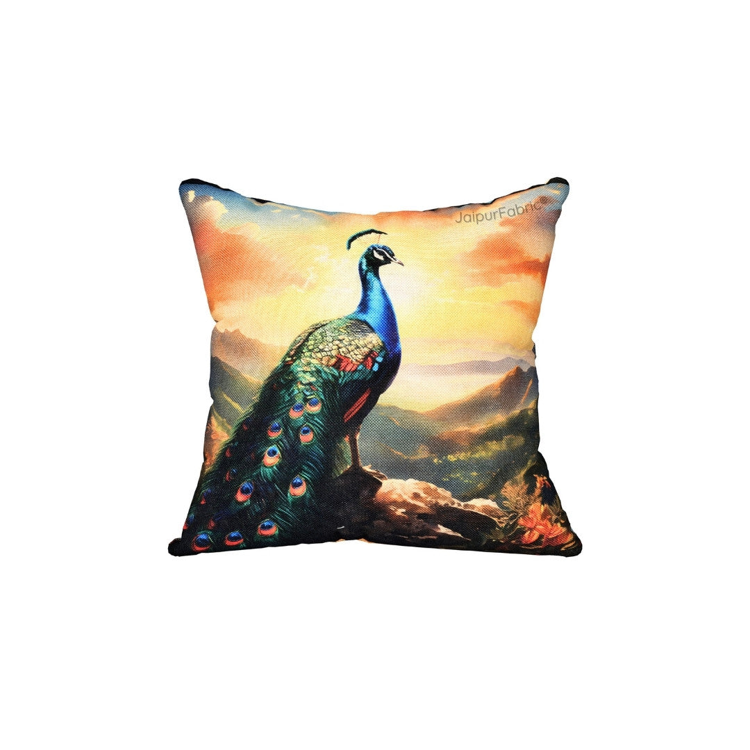 Splendor Glory Peacock Print Jute Cushion Cover