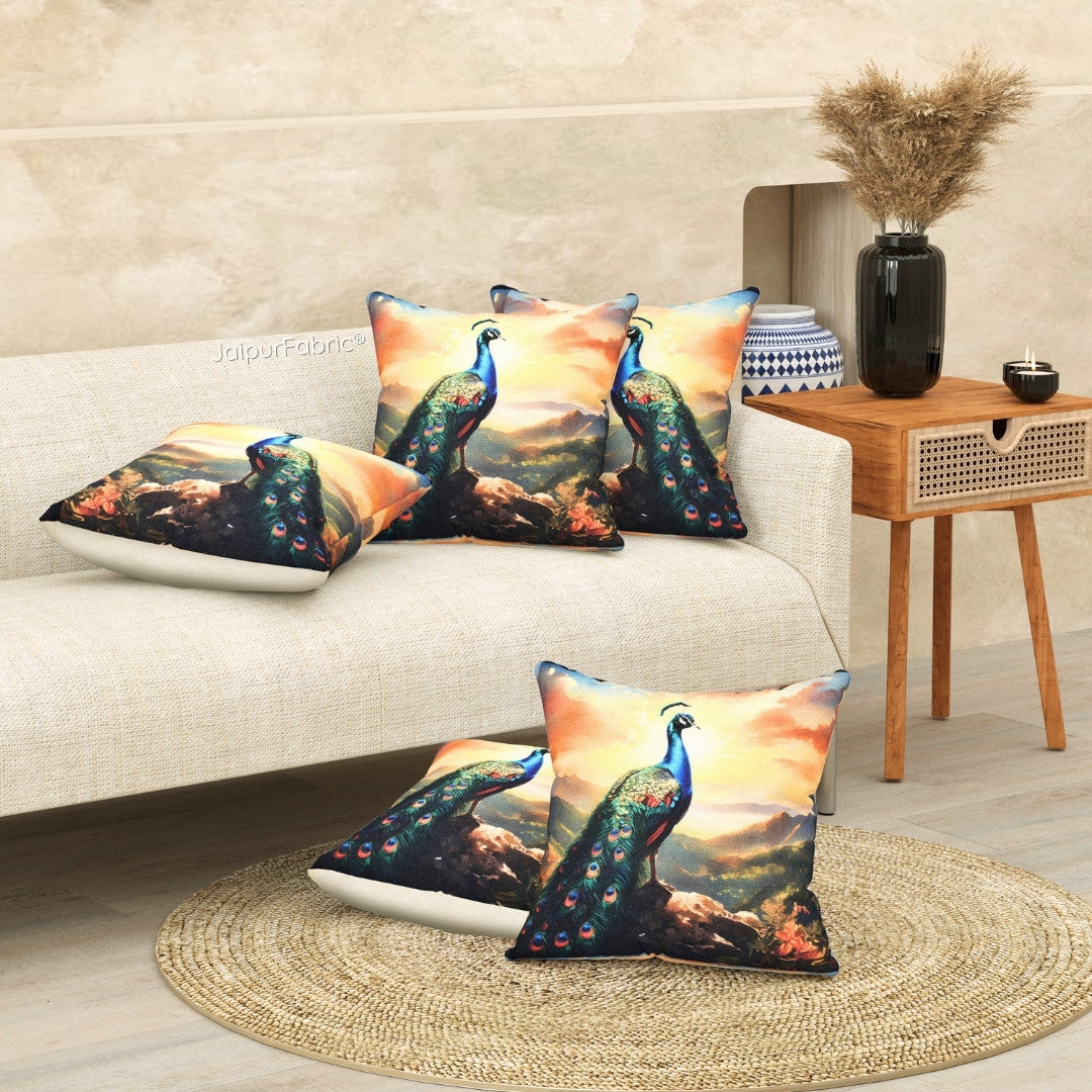 Splendor Glory Peacock Print Jute Cushion Cover