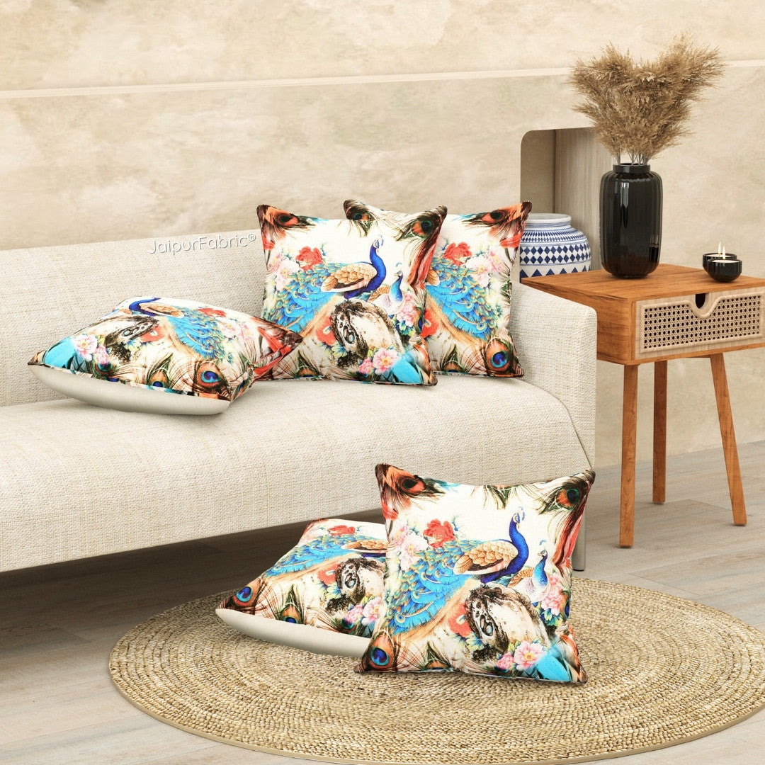 Handwoven Look Peacock Jute Fabric Digital Print Cushion Cover