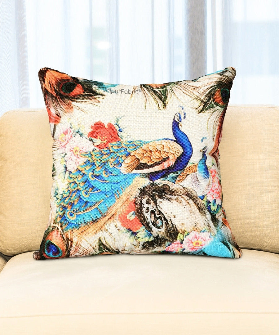 Handwoven Look Peacock Jute Fabric Digital Print Cushion Cover