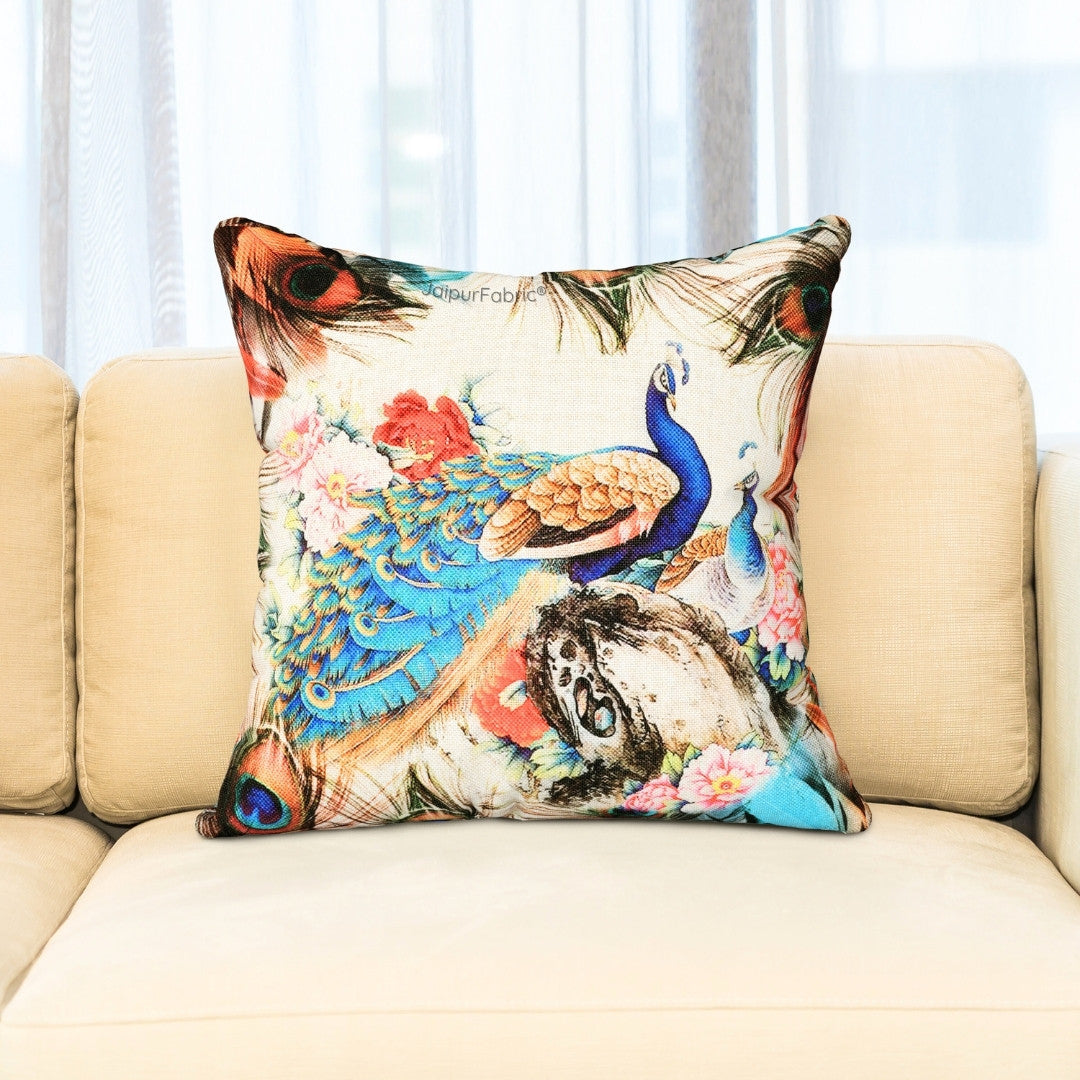 Handwoven Look Peacock Jute Fabric Digital Print Cushion Cover