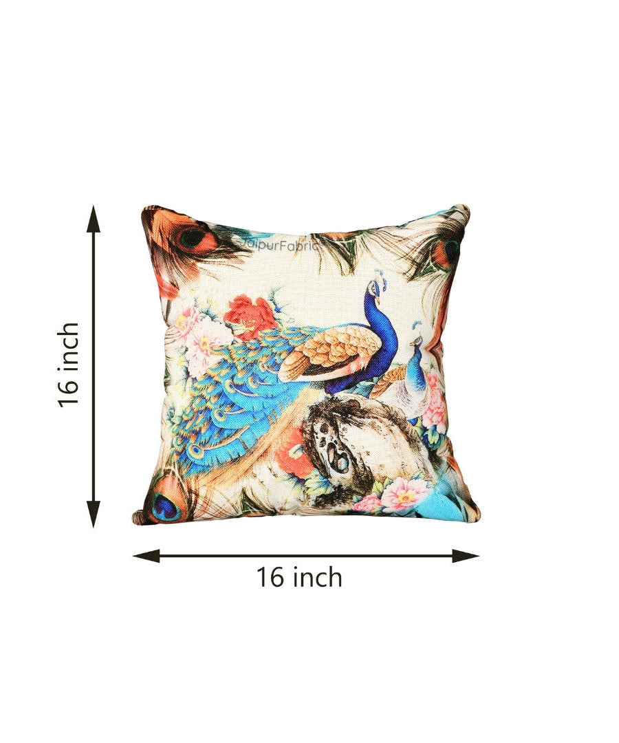 Handwoven Look Peacock Jute Fabric Digital Print Cushion Cover