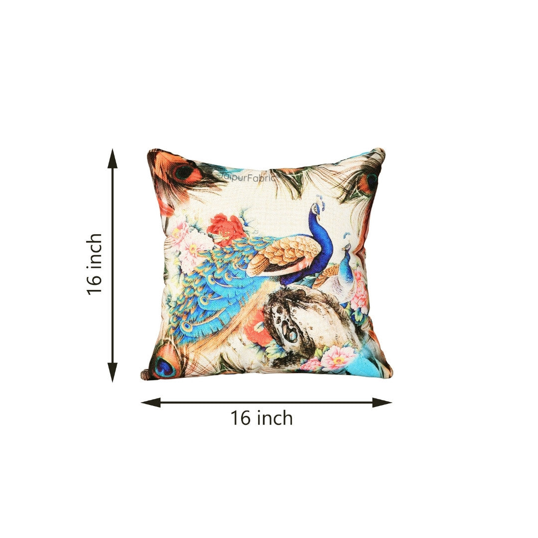 Handwoven Look Peacock Jute Fabric Digital Print Cushion Cover