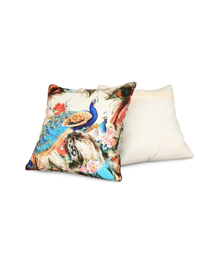 Handwoven Look Peacock Jute Fabric Digital Print Cushion Cover