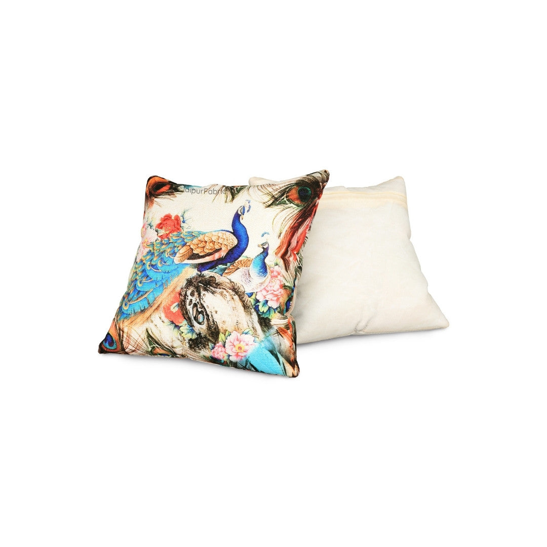 Handwoven Look Peacock Jute Fabric Digital Print Cushion Cover