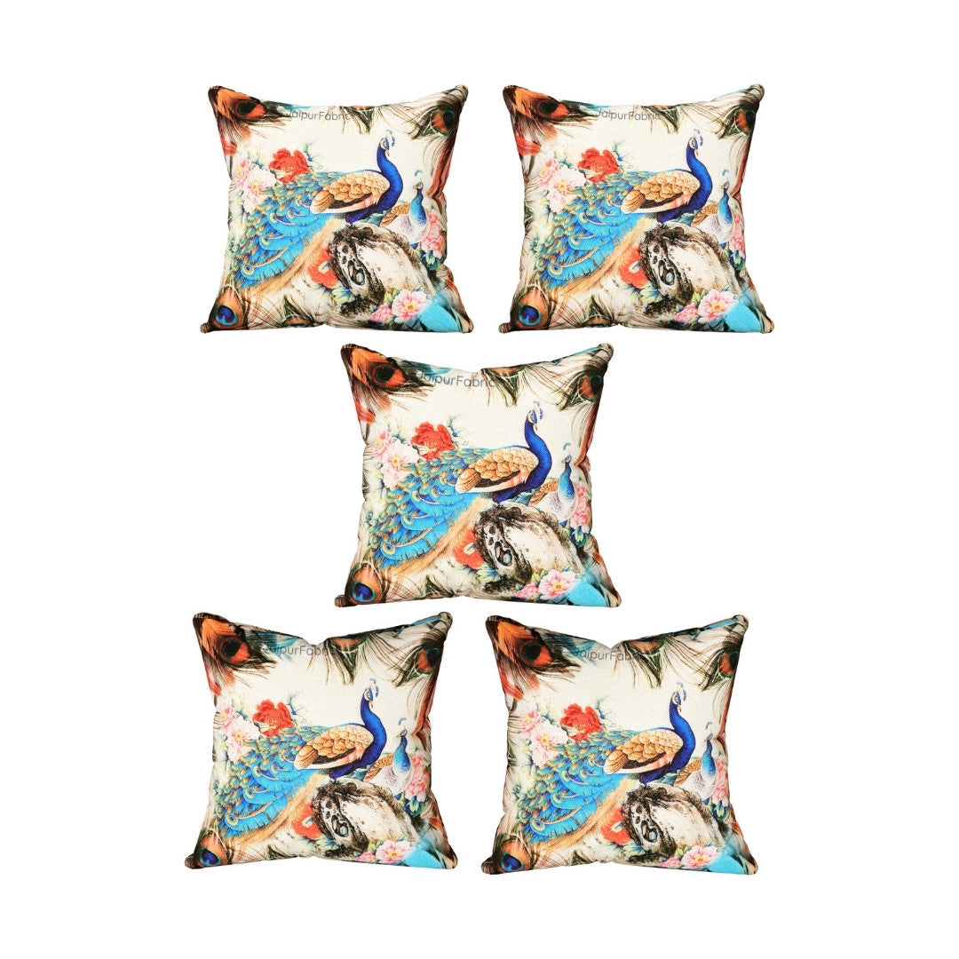 Handwoven Look Peacock Jute Fabric Digital Print Cushion Cover