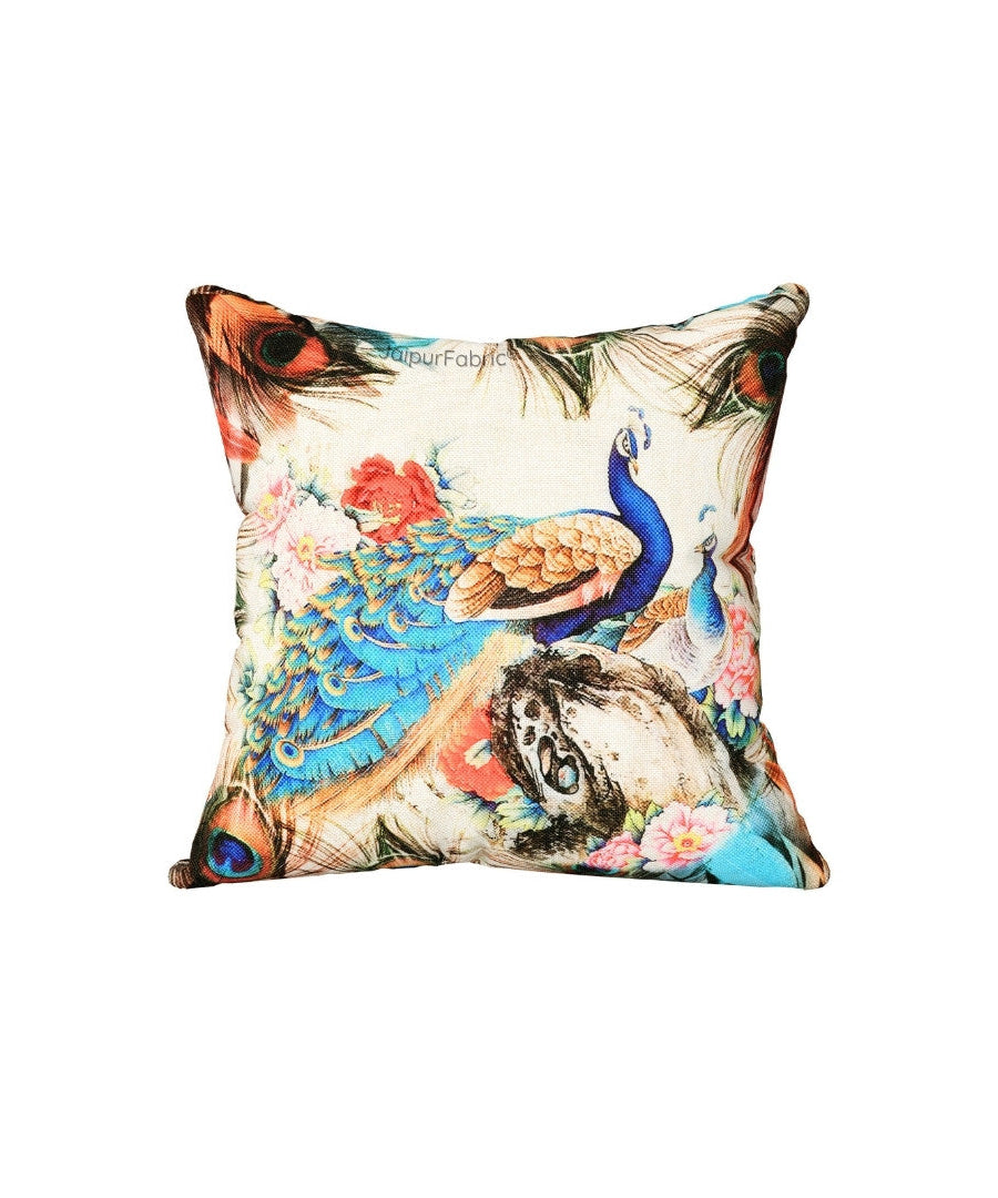 Handwoven Look Peacock Jute Fabric Digital Print Cushion Cover