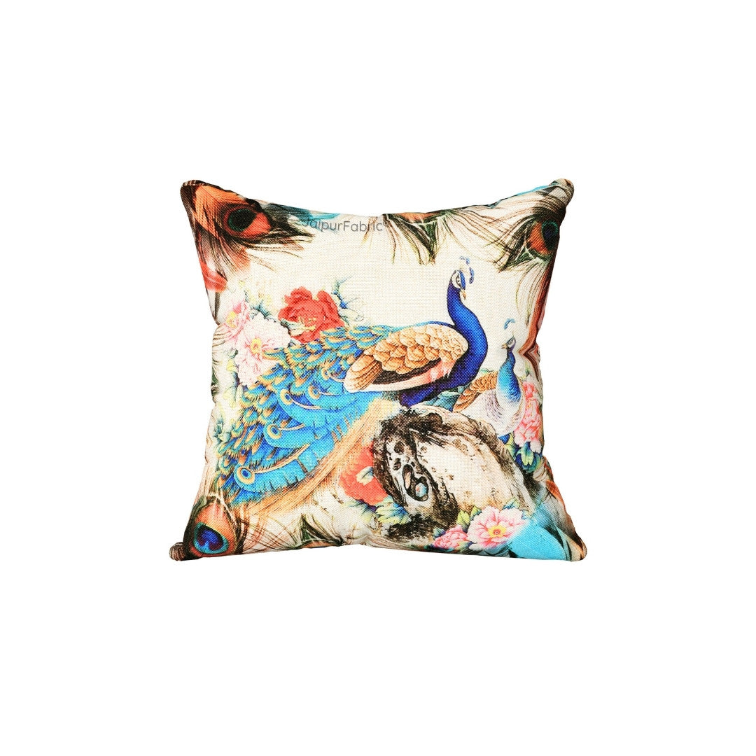Handwoven Look Peacock Jute Fabric Digital Print Cushion Cover