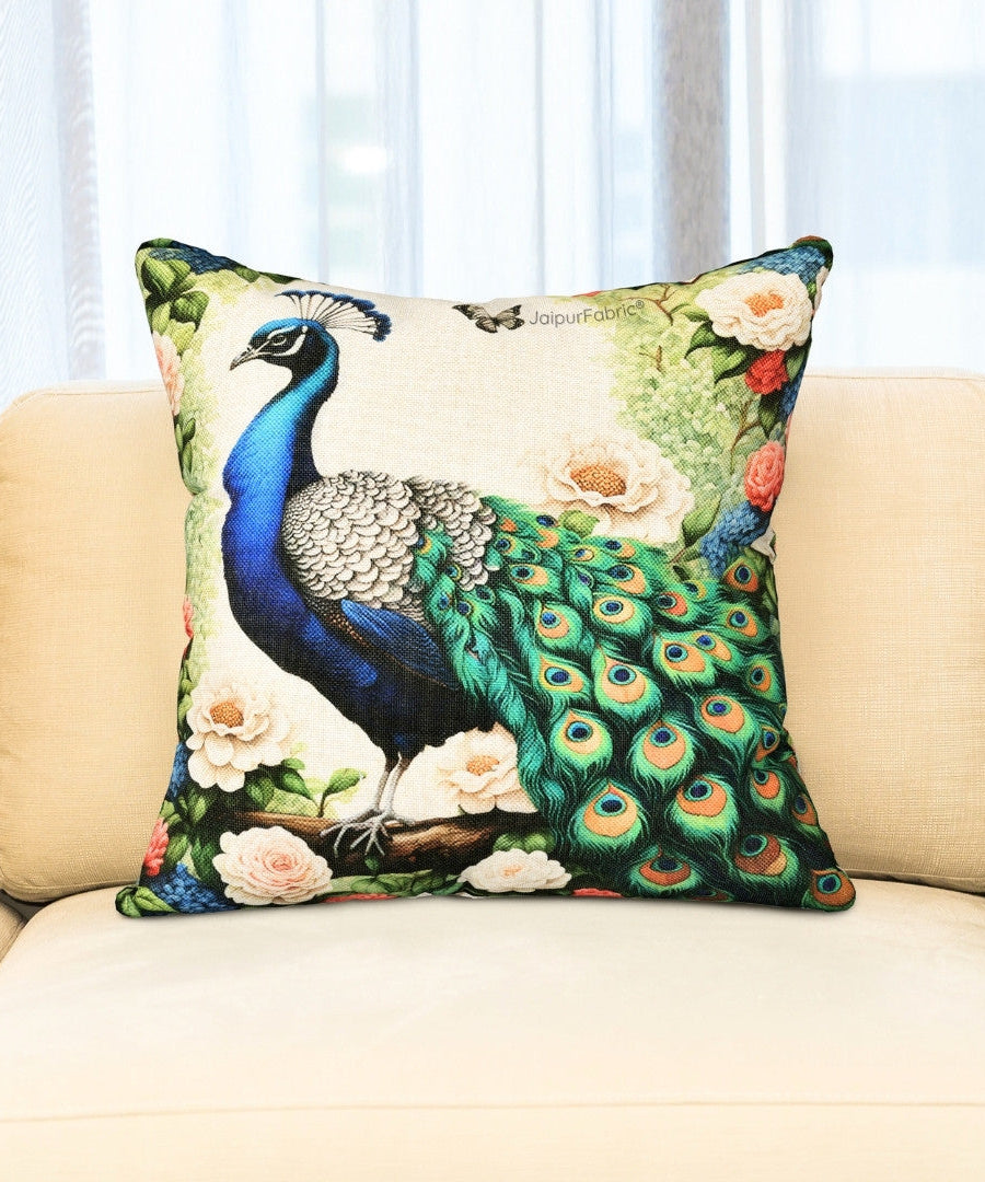 Majesty Grandeur Peacock Print Jute Cushion Cover