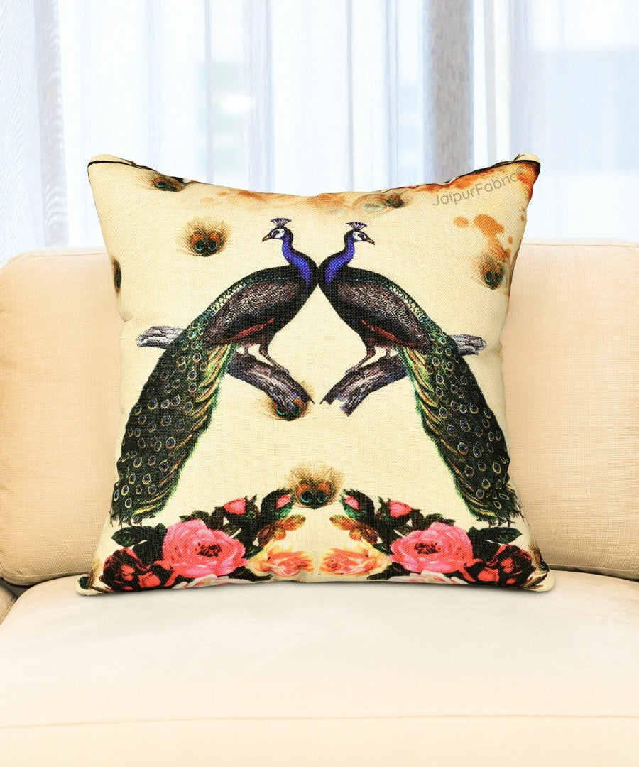 Prosperous Peacocks Jute Digital Print Cushion Cover