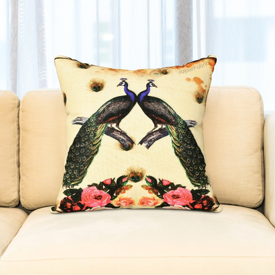 Prosperous Peacocks Jute Digital Print Cushion Cover