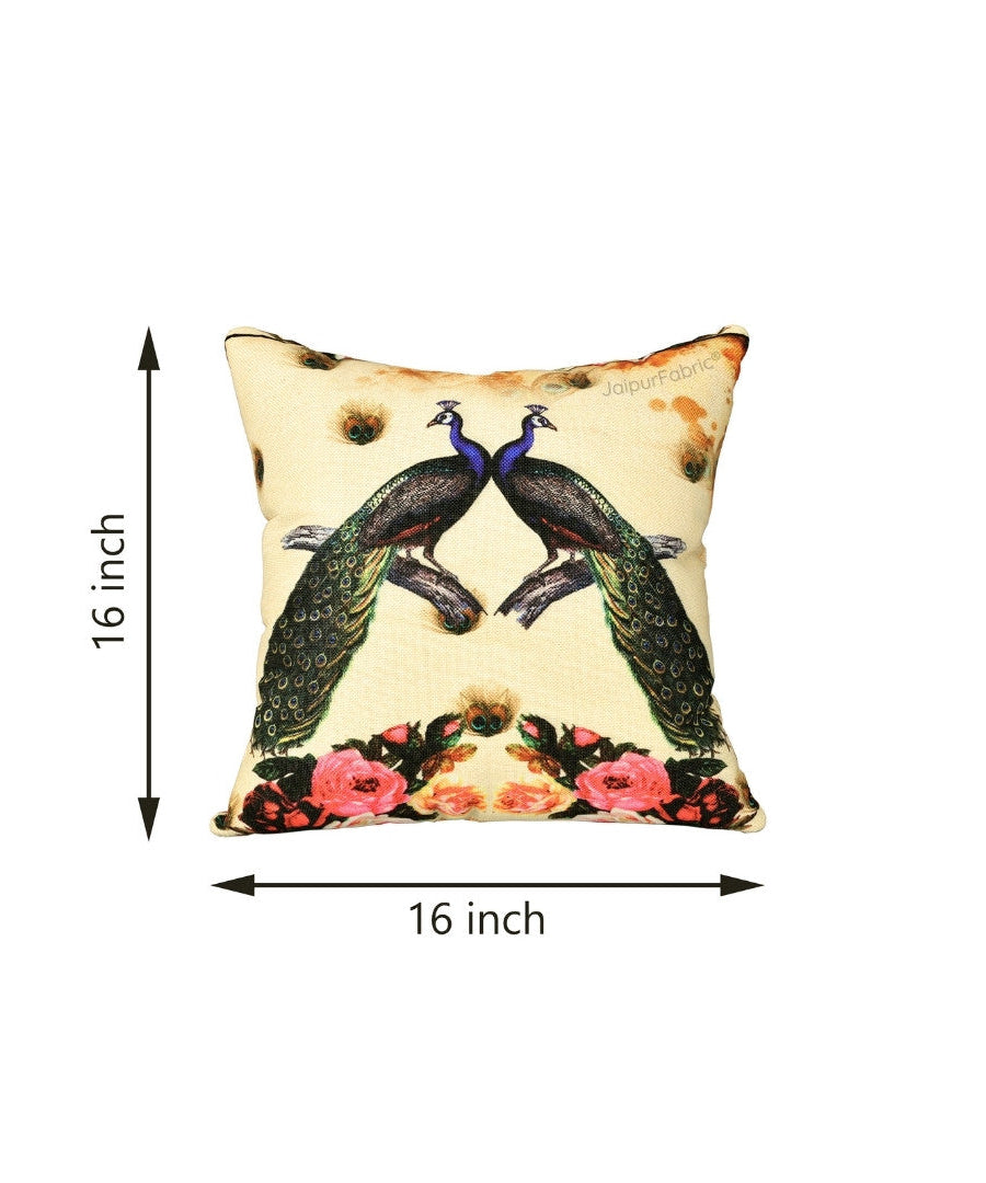 Prosperous Peacocks Jute Digital Print Cushion Cover