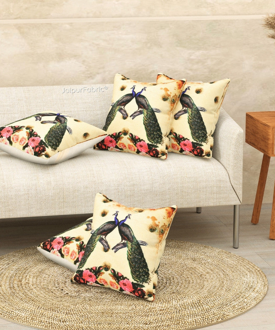 Prosperous Peacocks Jute Digital Print Cushion Cover