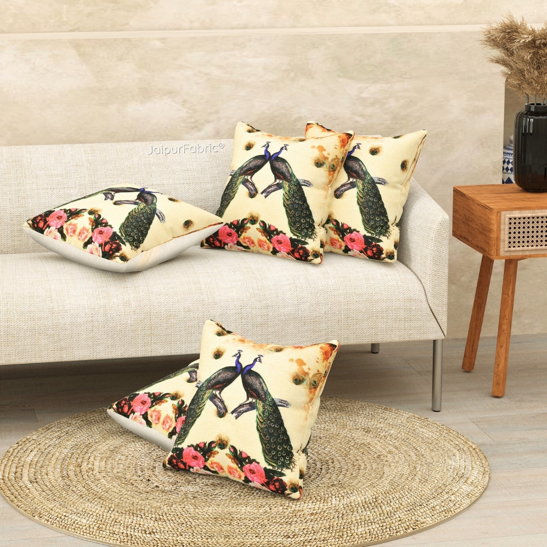 Prosperous Peacocks Jute Digital Print Cushion Cover