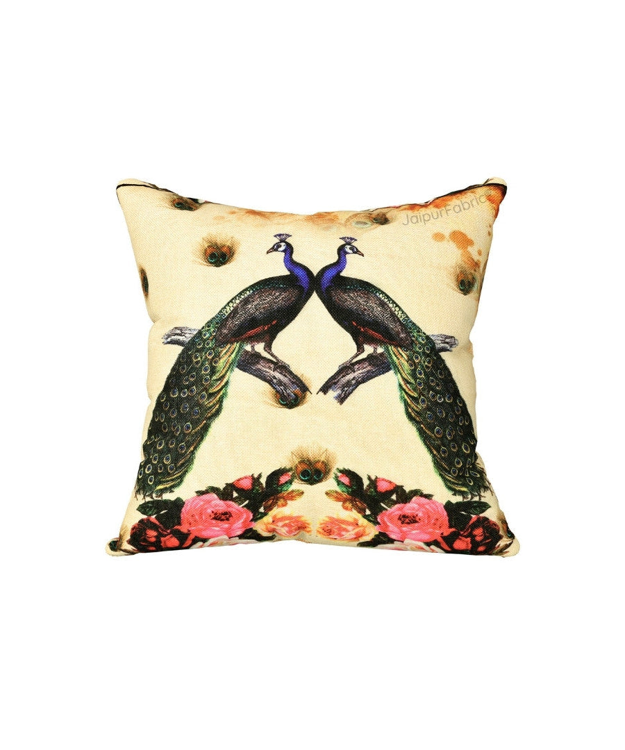 Prosperous Peacocks Jute Digital Print Cushion Cover