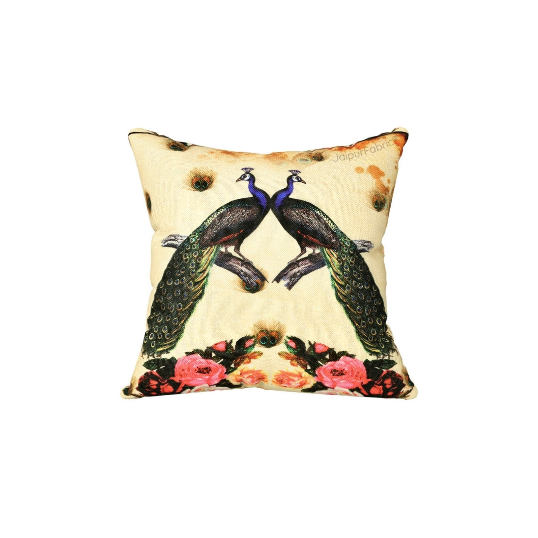 Prosperous Peacocks Jute Digital Print Cushion Cover