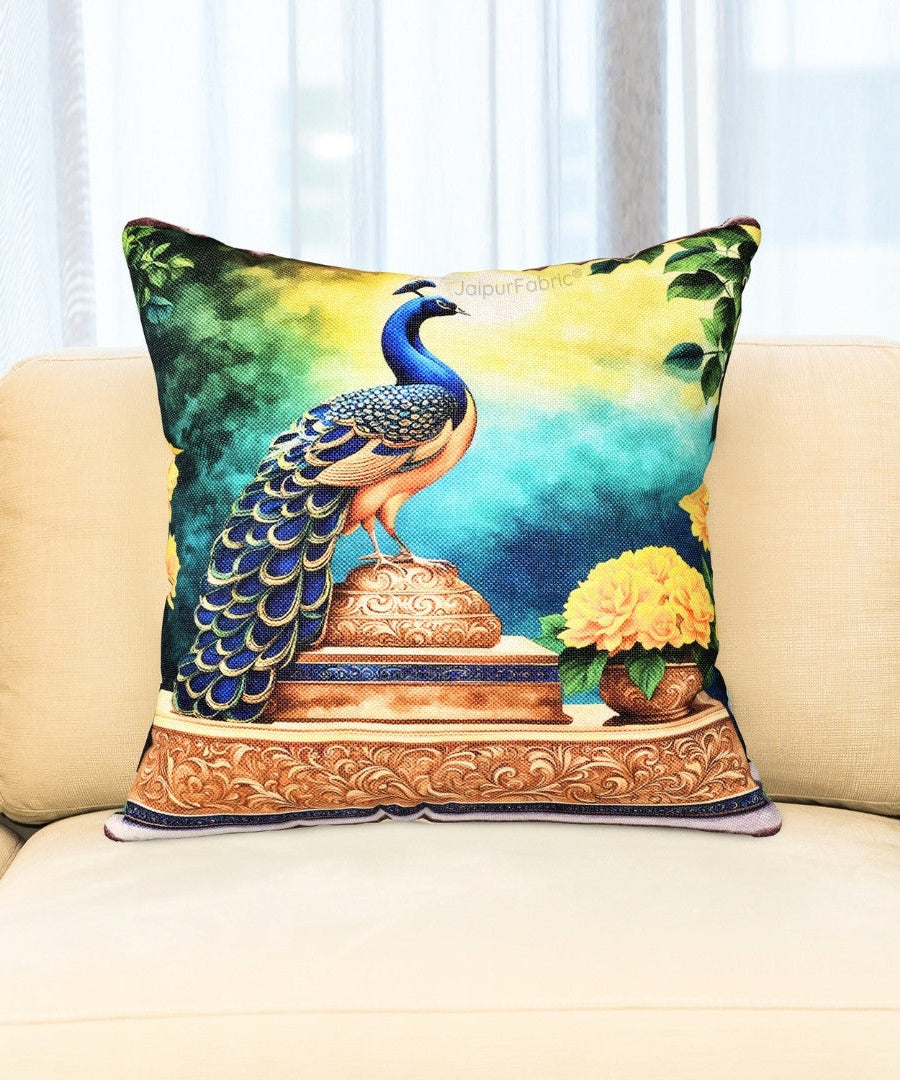Festive Peacock Jute Digital Print Cushion Cover