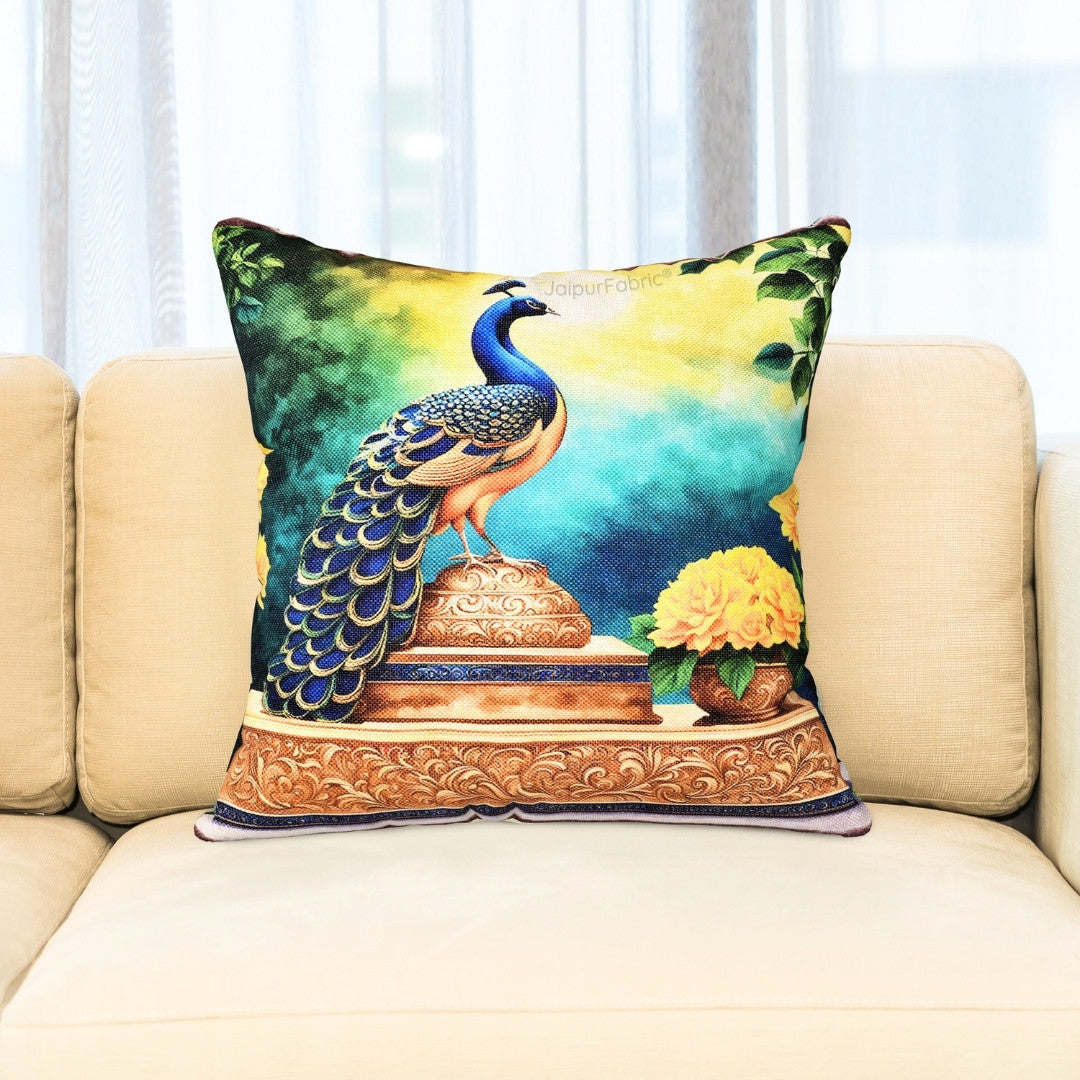 Festive Peacock Jute Digital Print Cushion Cover